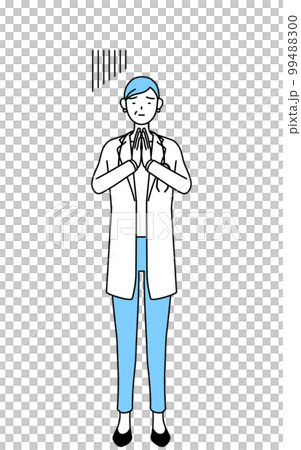 体の前で手を合わせて謝る聴診器をかけた白衣の女性医師、シニア・中高年のベテラン医師 体の前で手を合わせて謝る聴診器をかけた白衣の女性医師、シニア・中高年のベテラン医師 99488300