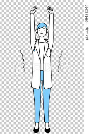 ストレッチで背伸びする聴診器をかけた白衣の女性医師、シニア・中高年のベテラン医師 99488344