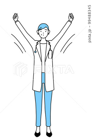 ラジオ体操をする聴診器をかけた白衣の女性医師、シニア・中高年のベテラン医師 ラジオ体操をする聴診器をかけた白衣の女性医師、シニア・中高年のベテラン医師 99488345