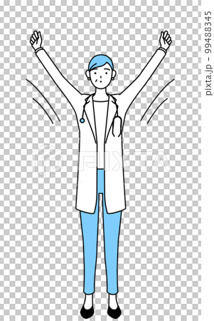 ラジオ体操をする聴診器をかけた白衣の女性医師、シニア・中高年のベテラン医師 ラジオ体操をする聴診器をかけた白衣の女性医師、シニア・中高年のベテラン医師 99488345