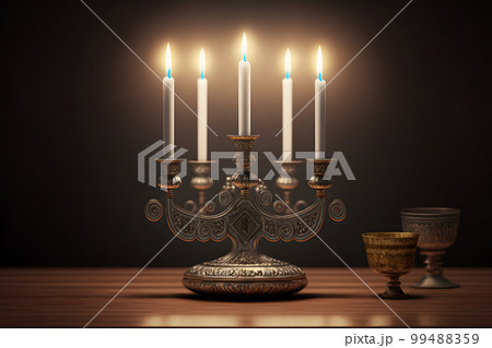 Hanukkah menorah on jewish traditional festive table. Neural network AI generated art 99488359