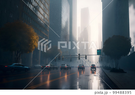 Urban skyscrapers at early foggy morning in the city district. Neural network AI generated art 99488395