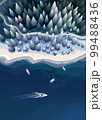 Sea, forest and boats in a winter nature landscape from top. Vector illustration 99488436