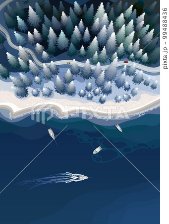 Sea, forest and boats in a winter nature landscape from top. Vector illustration 99488436