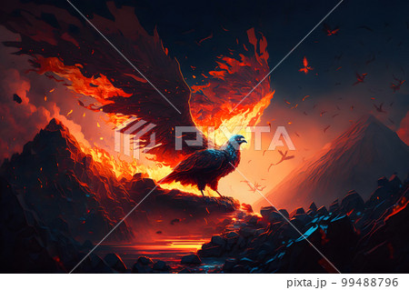 Raise of burning bird phoenix in the volcanic landscape. Neural network AI generated art Raise of burning bird phoenix in the volcanic landscape. Neural network AI generated art 99488796