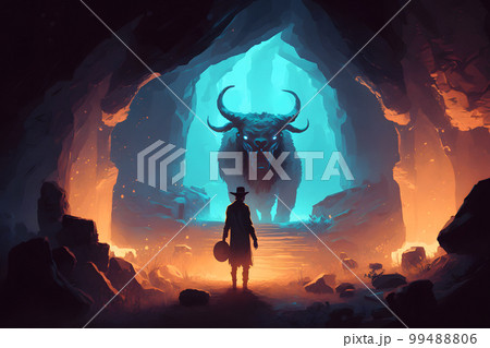 Theseus found the creature minotaur in cave labyrinth greek mythology tale. Neural network AI generated art 99488806
