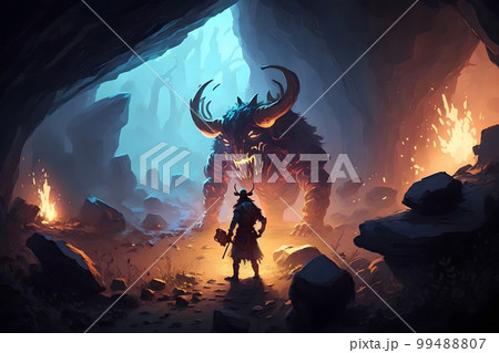 Theseus found the creature minotaur in cave labyrinth greek mythology tale. Neural network AI generated art 99488807