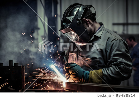 Welder works with Industrial automotive part in metal factory. Neural network AI generated art Welder works with Industrial automotive part in metal factory. Neural network AI generated art 99488814