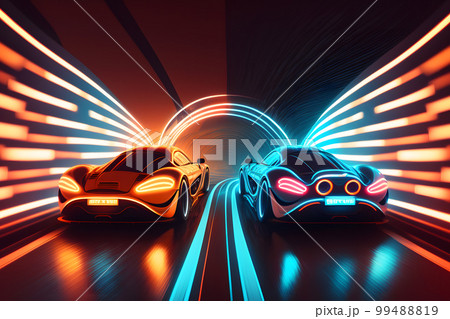 Two high speed sports cars in motion, racing moment in neon light. Neural network AI generated art 99488819