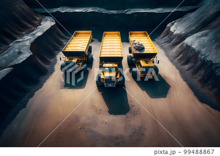 Open pit mine, extractive industry for coal. Big yellow mining truck machinery for coal quarry. Neural network AI generated art 99488867