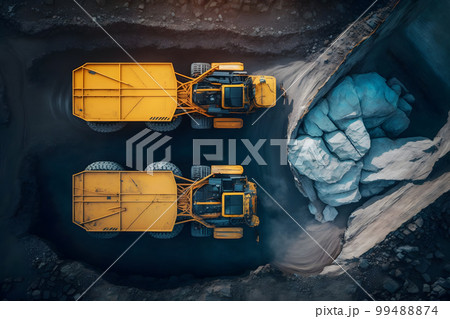 Open pit mine, extractive industry for coal. Big yellow mining truck machinery for coal quarry. Neural network AI generated art 99488874