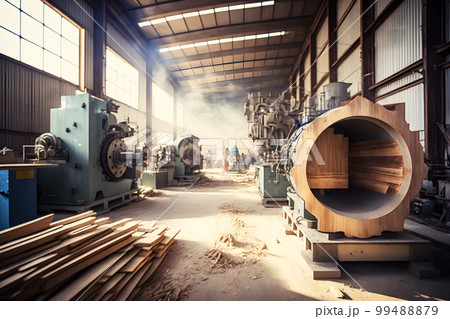 Woodworking sawmill production and processing of wooden boards in a modern industrial factory assembly line in production. Neural network AI generated art 99488879