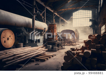Woodworking sawmill production and processing of wooden boards in a modern industrial factory assembly line in production. Neural network AI generated art Woodworking sawmill production and processing of wooden boards in a modern industrial factory assembly line in production. Neural network AI generated art 99488881