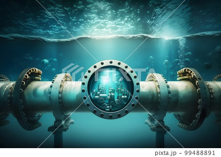 Metallic yellow pipe for transporting gas or oil underwater at the bottom. The concept of oil pipeline. Neural network AI generated art Metallic yellow pipe for transporting gas or oil underwater at the bottom. The concept of oil pipeline. Neural network AI generated art 99488891