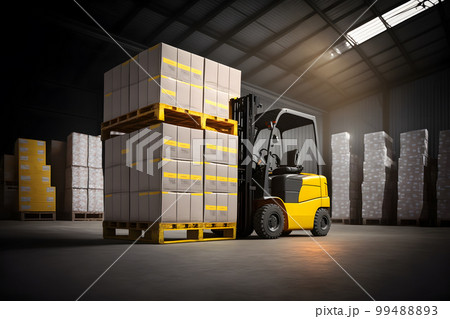 Warehouse with fully loaded forklift between rows in the big interior space. Neural network AI generated art 99488893