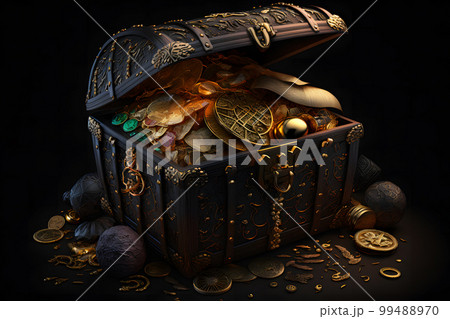 Open treasure chest filled with golden coins, gold - Stock Illustration  [61303996] - PIXTA