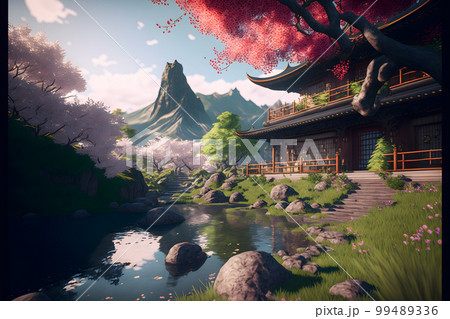 Oriental landscape with japanese traditional building close to river and cloudy mountains in time of sakura blossom. Neural network AI generated art 99489336