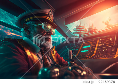 Ship captain on a modern futuristic boat transport at sea. Neural network AI generated art Ship captain on a modern futuristic boat transport at sea. Neural network AI generated art 99489370