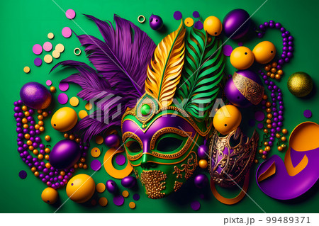 Group of venetian mardi gras mask or disguise on a colorful bright background. Neural network AI generated art Group of venetian mardi gras mask or disguise on a colorful bright background. Neural network AI generated art 99489371