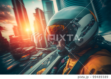 Modern futuristic destroyer jet pilot in helmet. Neural network AI generated art Modern futuristic destroyer jet pilot in helmet. Neural network AI generated art 99489389