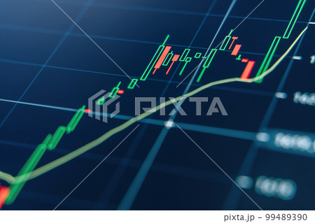 Crypto trading market volatility with technical price graph, indicator, red and green candlesticks 99489390