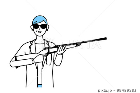 サングラスをかけてライフル銃を持つ聴診器をかけた白衣の女性医師、シニア・中高年のベテラン医師 サングラスをかけてライフル銃を持つ聴診器をかけた白衣の女性医師、シニア・中高年のベテラン医師 99489583