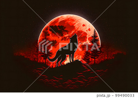 black wolf howling at the red moon