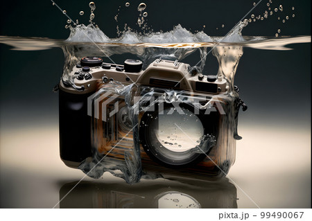 Modern SLR photocamera falling under water with water splashes. Neural network AI generated art 99490067