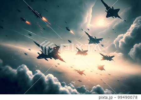 Formation of destroyer jets float in sky during aviation battle. Neural network AI generated art 99490078