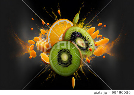 Qiwi and orange explosion splash moment on black background. Neural network AI generated art Qiwi and orange explosion splash moment on black background. Neural network AI generated art 99490086
