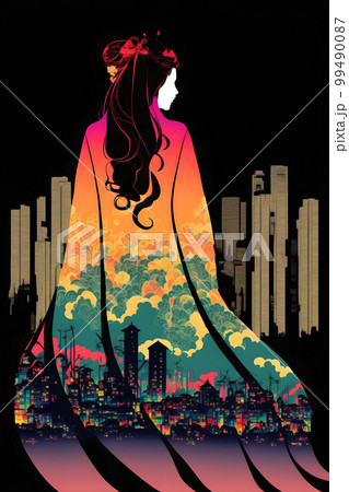 Japanese kitsune woman wearing a kimono looking to oriental city. Neural network AI generated art 99490087