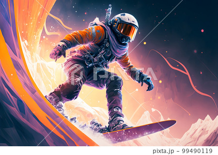 Abstract extreme sports lover performs leap into infinity with fictional skateboard or snowboard. Neural network AI generated art 99490119