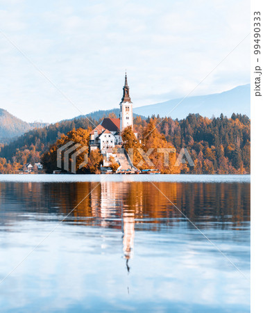 Colorful sunrise view of Bled lake in Julian Alps, Slovenia 99490333
