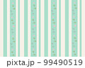 葉っぱとピンク色の小花が描かれたエメラルドグリーンのストライプ背景 99490519