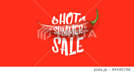 Big Hot summer sale horizontal banner with red chili cayenne pepper isolated on stylish red background. Vector 3d horizontal summer hot sale clearance poster, flyer, banner, tag and background Big Hot summer sale horizontal banner with red chili cayenne pepper isolated on stylish red background. Vector 3d horizontal summer hot sale clearance poster, flyer, banner, tag and background 99490796