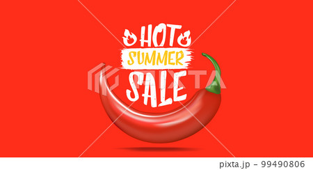 Big Hot summer sale horizontal banner with red chili cayenne pepper isolated on stylish red background. Vector 3d horizontal summer hot sale clearance poster, flyer, banner, tag and background Big Hot summer sale horizontal banner with red chili cayenne pepper isolated on stylish red background. Vector 3d horizontal summer hot sale clearance poster, flyer, banner, tag and background 99490806