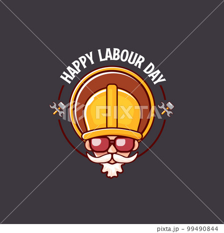 Happy labour day vector logo, label or stamp with funky worker on grey background. vector happy labor day background or banner with man. workers may day poster Happy labour day vector logo, label or stamp with funky worker on grey background. vector happy labor day background or banner with man. workers may day poster 99490844