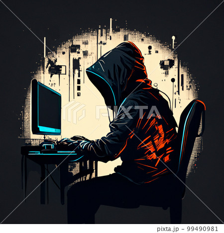 The hacker is sitting at the computer. Abstract digital illustration. The hacker is sitting at the computer. Abstract digital illustration. 99490981