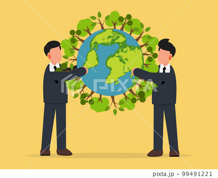Save the Planet. two businessman holding taking care of green world globe sphere with love 99491221