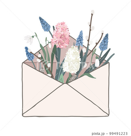 Bouquet of spring flowers inside the envelope. Hand drawn trendy vector greeting card. Snowdrops, hyacinth, muscari, and pussy willow branches 99491223