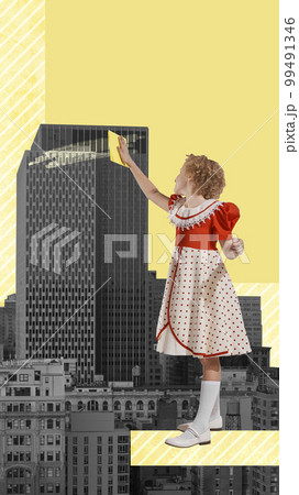 Contemporary art collage. Creative abstract design. Little girl, child cleaning giant skyscraper, building. 99491346