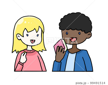 ひな祭りのお菓子を食べる白人女性と黒人男性のイラスト 99491514