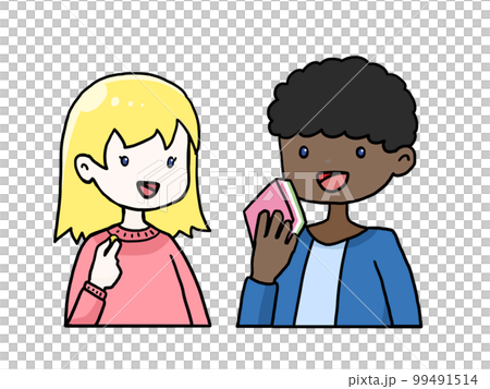 Illustration of a white woman and a black man eating Hinamatsuri sweets 99491514