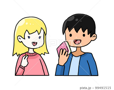 ひな祭りのお菓子を食べる白人女性と日本人男性のイラスト 99491515
