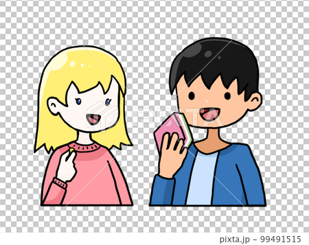 Illustration of a Caucasian woman and a Japanese man eating Hinamatsuri sweets 99491515
