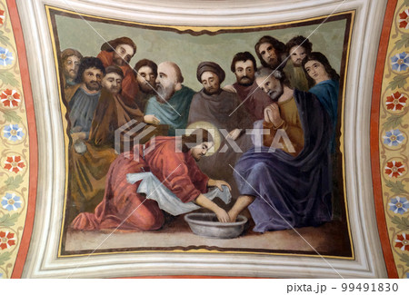 Jesus washes the feet of Peter, fresco in the church of Saint Matthew in Stitar, Croatia Jesus washes the feet of Peter, fresco in the church of Saint Matthew in Stitar, Croatia 99491830