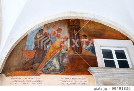 The frescoes with scenes from the life of St. Francis of Assisi, cloister of the Franciscan monastery of the Friars Minor in Dubrovnik, Croatia 99491836