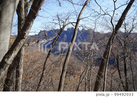 妙義湖上流　裏妙義の三方境から女道へ　途中から見える表妙義の岩山　2022年11月25日 99492033
