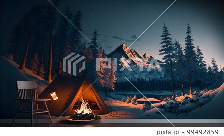 photorealistic photowallpaper with burning campfire in front of tourist tent in night forest, neural network generated art photorealistic photowallpaper with burning campfire in front of tourist tent in night forest, neural network generated art 99492859