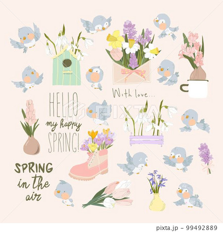 Cartoon Set with Fresh Spring Flowers Bouquets and Birds 99492889